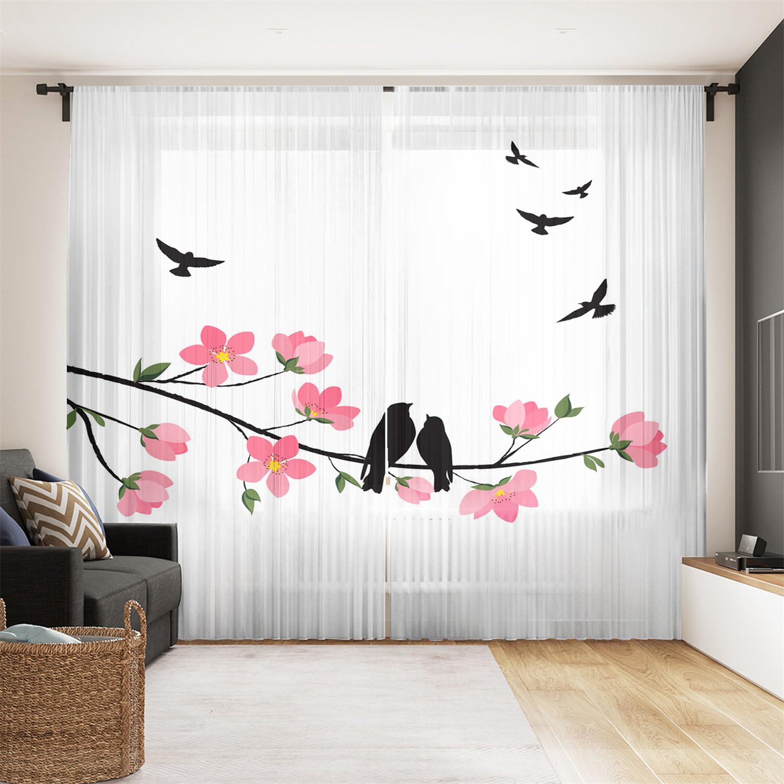 Surwin Net Curtains for Windows, Voile Curtain, 2 Panels Chinese Style with Eyelets, Semi Transparent Lightweight Voile Panel for Living Room Bedroom Balcony Decorative (White,W107xH213cm) — image 1