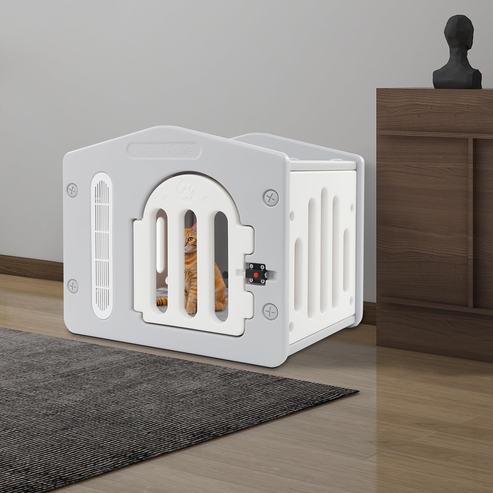 Maison pour chat d'extérieur - Robuste - Avec serrure de porte à bouton pression pour l'intérieur et l'extérieur - Niche confortable avec coussin pour chat et ventilation - 52 x 40 x 45 cm