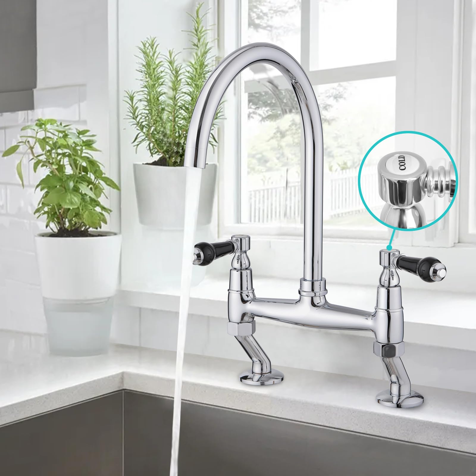 JASSFERRY Robinet mitigeur traditionnel en céramique noire avec poignées à levier montées sur le plateau monobloc classique 2 trous pour évier de cuisine chromé avec bec pivotant