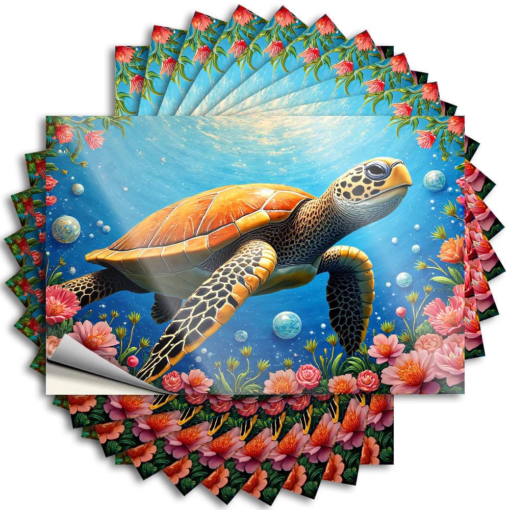 Fzfn Colour Sticker Rustic Waterproof Vinyl Sticker | A Sea Turtle Swims Among Colorful Flowers Underwater. Snarky Door For Science Diy Projects(8X12cm)