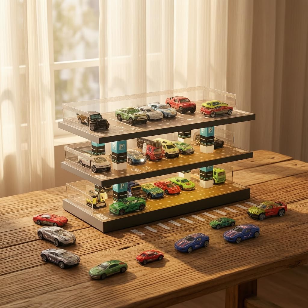 Garage per auto modellini 1:64, Diorama Parcheggio a 3 Livelli con Illuminazione LED, Vetrina Espositiva per Auto Diecast