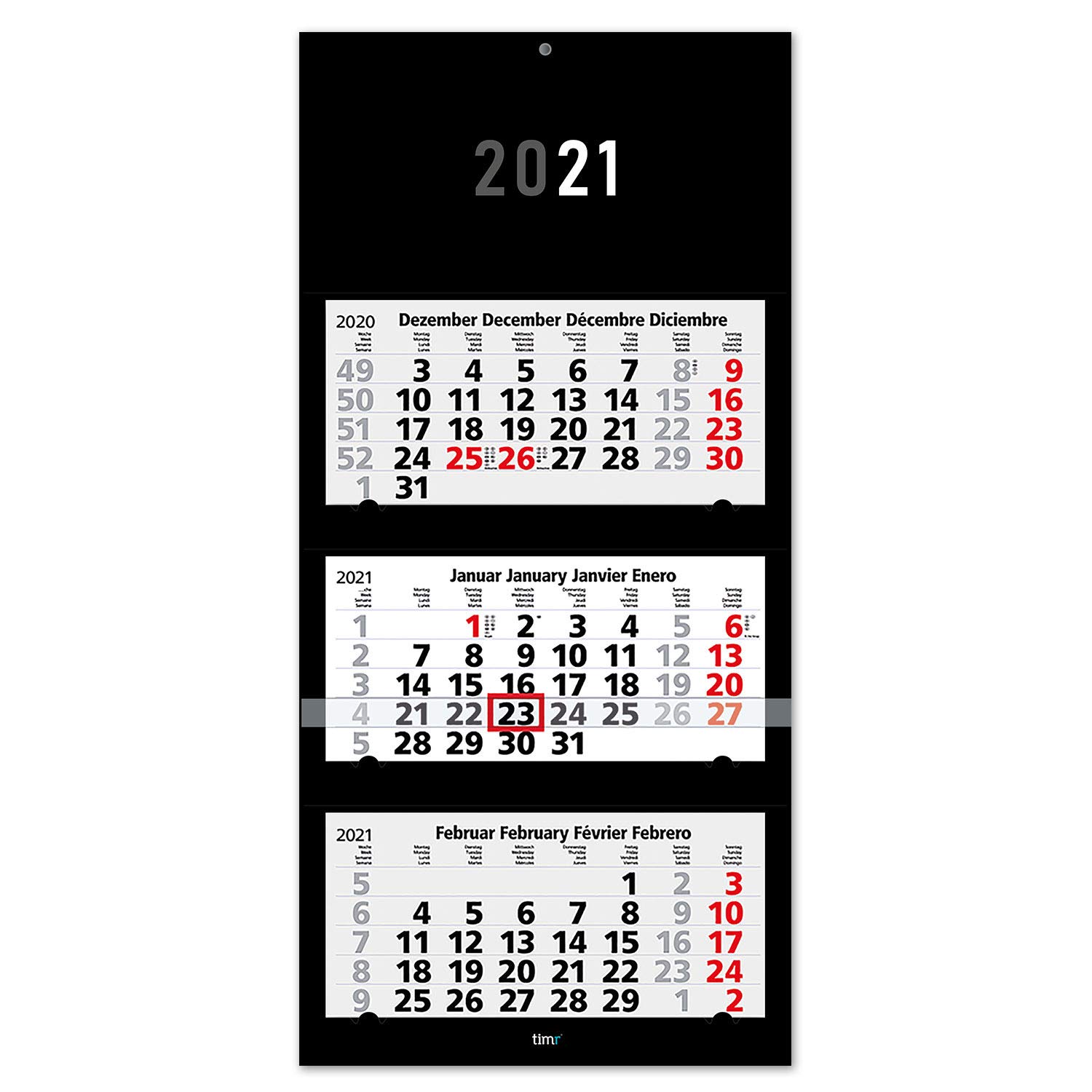 Three-month calendar 2021 I Wall calendar 3 months I 33 x 70 cm I Multilingual D/GB/F/ES I Annual planner with date slider I tr_