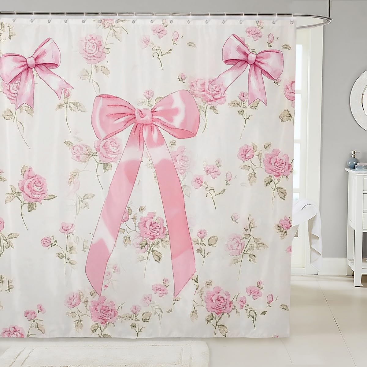 Manfei Pink Bowknot Shower Curtains Watercolor Rose Flower Bathroom Curtains for Kids Girls Room Decor, Pink Bow Floral Waterproof Bath Curtains with