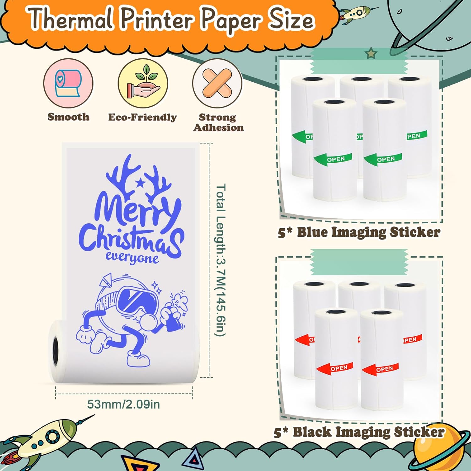 T02 Mini Thermal Sticker Paper,Compatible with Phomemo M02/M02X/M02S Label Printer,5 Rolls Blue Image&5 Rolls Black Image Printing Paper for Photo/Note/DIY/Memo,10 Rolls,53 * 28mm - Image 2