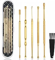 Hion 6-Pc Stainless Steel Ear Wax Removal Kit - Double-Headed Ear Picks for Kids & Adults, Ergonomic Curettes with Case (Gold)