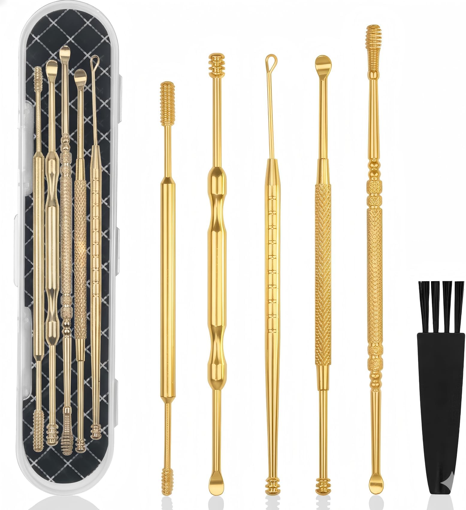 Hion 6 Pcs Extended Ear Wax Removal Kit,Professional Double-Headed Ear Pick Earwax Removal Tools,316L Stainless Steel Ear Cleaner Curette with Cleaning Brush and Storage Box,Suit for Kid Adult(Gold)