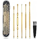 Hion 6 Pcs Extended Ear Wax Removal Kit,Professional Double-Headed Ear Pick Earwax Removal Tools,316L Stainless Steel Ear Cleaner Curette with Cleaning Brush and Storage Box,Suit for Kid Adult(Gold)