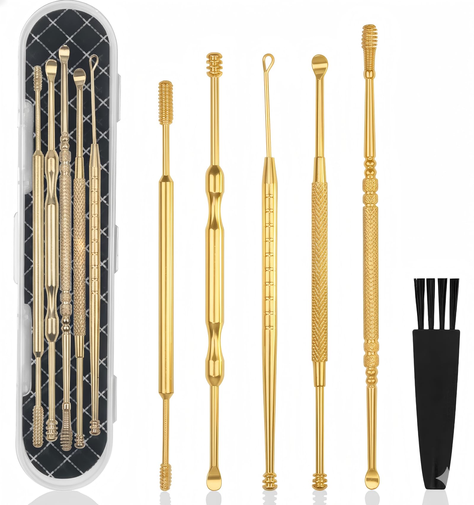 Hion 6 Pcs Extended Ear Wax Removal Kit,Professional Double-Headed Ear Pick Earwax Removal Tools,316L Stainless Steel Ear Cleaner Curette with Cleaning Brush and Storage Box,Suit for Kid Adult(Gold)