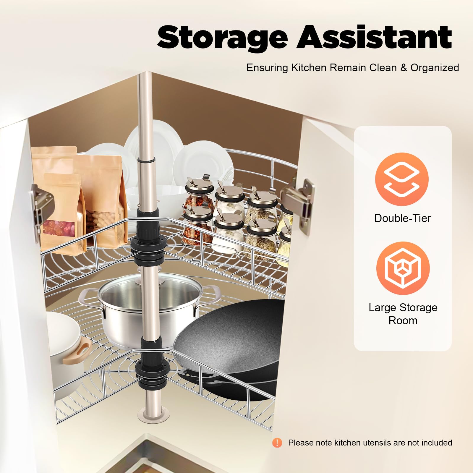 Étagère D'angle Pivotante Pour Cuisine MINRS - 2 étagères Tournantes 270°, Charge 8 Kg Par Niveau, Hauteur Réglable 54,4-77 Cm