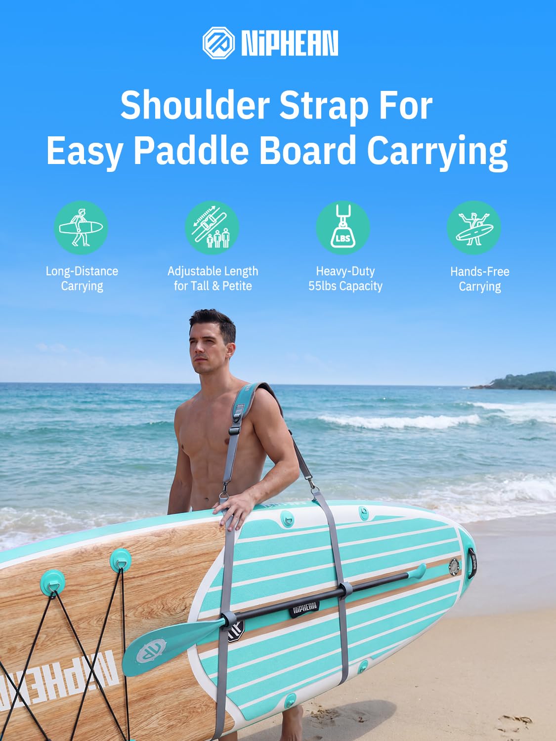 Niphean SUP Tragegurt, Stand up Paddle Zubehör für Paddle Board, Freihändig Verstellbarer SUP Schultergurt für Stand Up Paddling Board, Kayak, Surfbrett Tragegurt mit Gepolsterter Schulterauflage