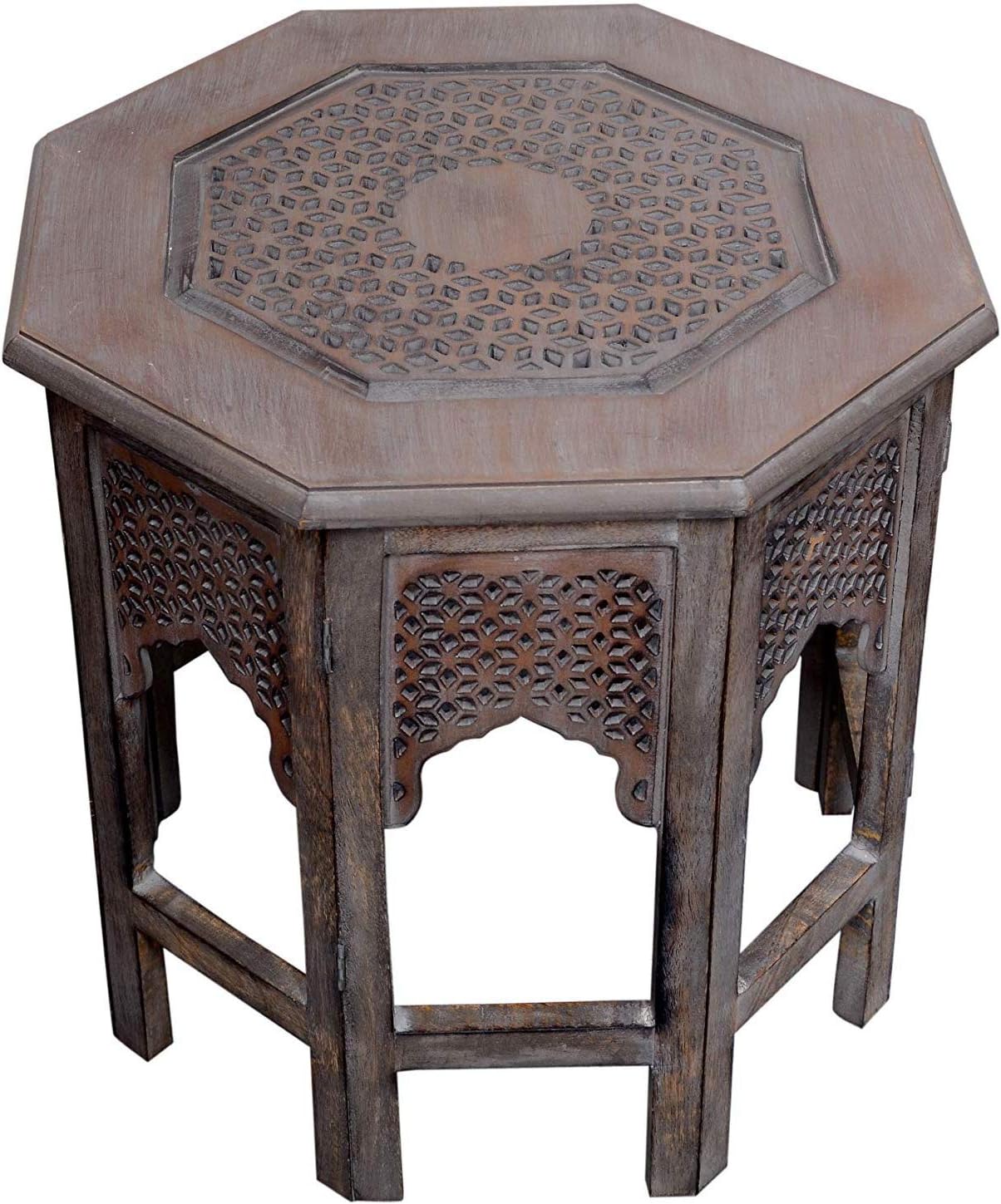 Artesia Solid Wood Hand Carved Rajasthan Folding Modern Nightstand Bedside End Accent Coffee Table for Living Room Bedroom Balcony