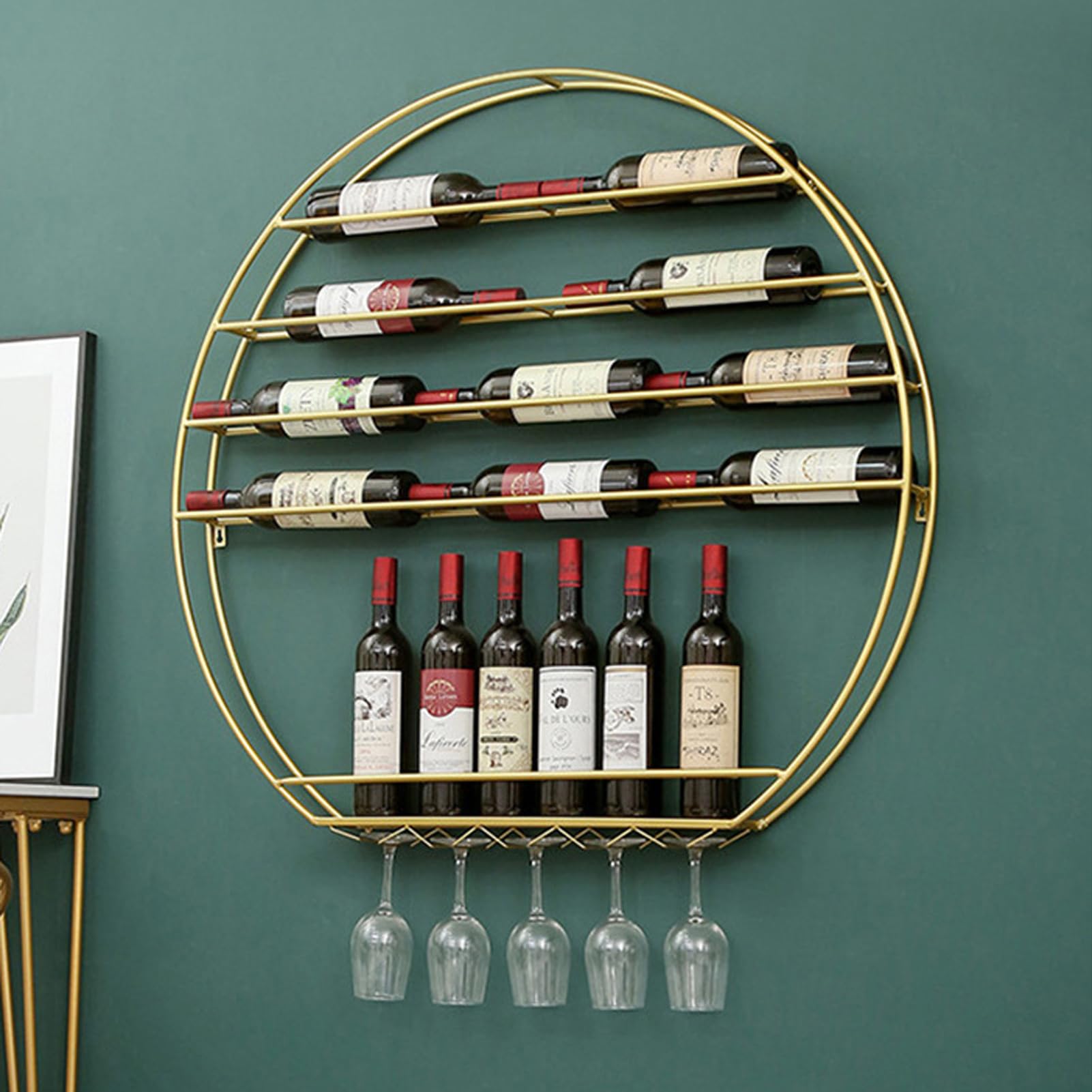 Casier à vin rond avec support à gobelet suspendu et rangement bouteille