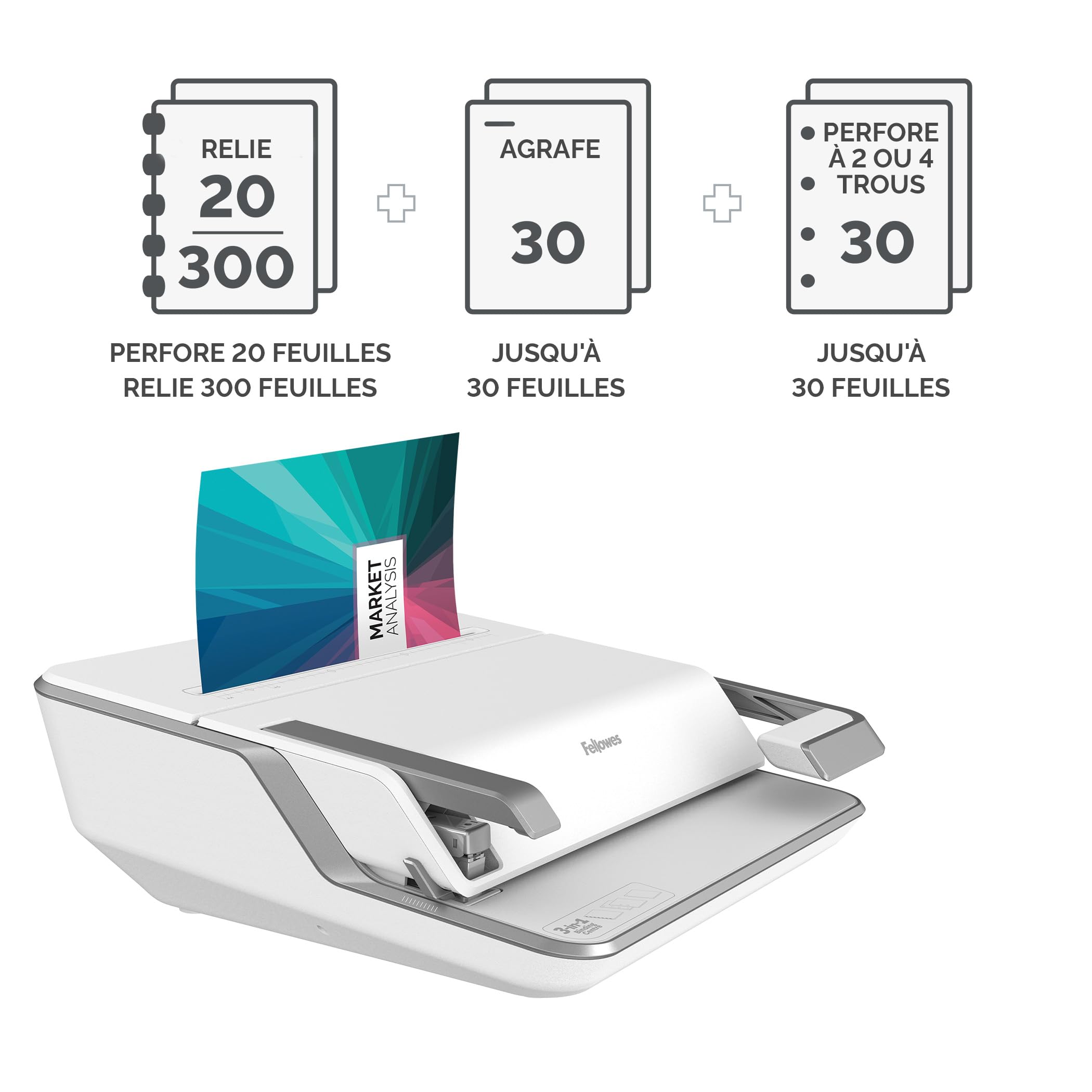 Fellowes Lyra Machine à relier 3-en-1 avec tiroir, perfore 20 feuilles A4/A5, relieuse manuelle à anneaux plastique, jusqu'à 300 feuilles