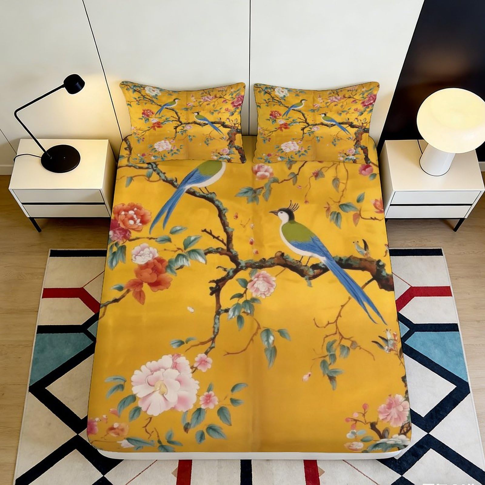 3D Printed Yellow Floral Birds Fitted Sheet Microfiber Soft Breathable Cherry Blossom Bed Cover for Bedroom Dormitory Guest Room Mattress Protection 180x200x25cm