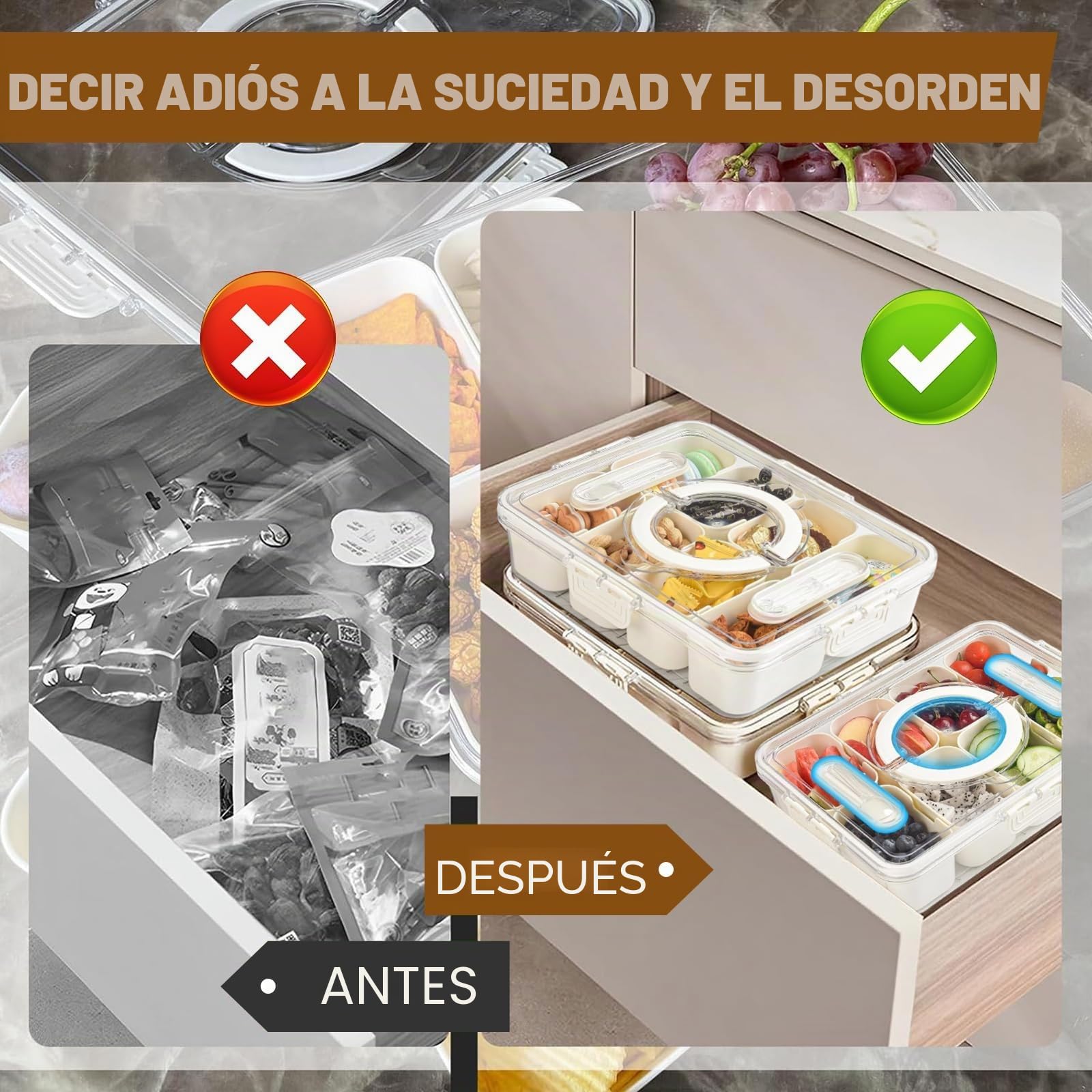 Caja Aperitivos con 8 Compartimentos y Tenedores, Bandeja Snack con Tapa y Asa, Organizador para Caramelos, Frutas, Galletas, Verduras, Frutos Secos – Ideal para Cocina (Viene con un tenedor)