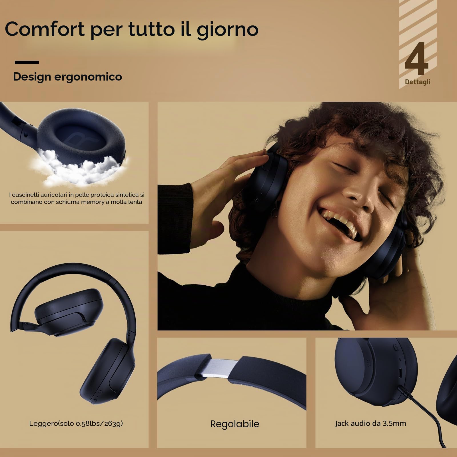 QCY H3 ANC Cuffie Bluetooth Cancellazione Rumore Attiva Ibrida,Cuffie Over Ear Wireless,Hi-Res Audio,60 Ore di Riproduzione,Chiamate Nitide,EQ personalizzabile,Bluetooth 5.4, Blu