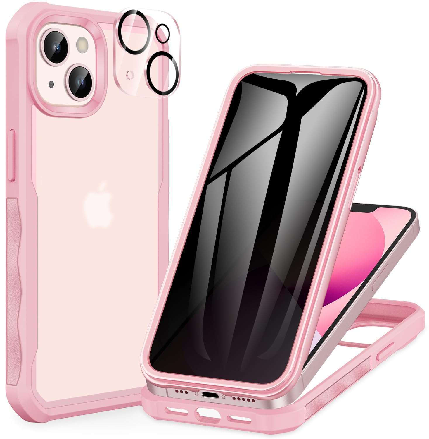 CENHUFO Privacy Cover iPhone 14/iPhone 13, Custodia Antiurto con Protezione Schermo Vetro Temperato Anti Spia e Pellicola Fotocamera [9H HD] 360 Gradi Rugged Fronte Retro Case Doppia Bumper - Rosa