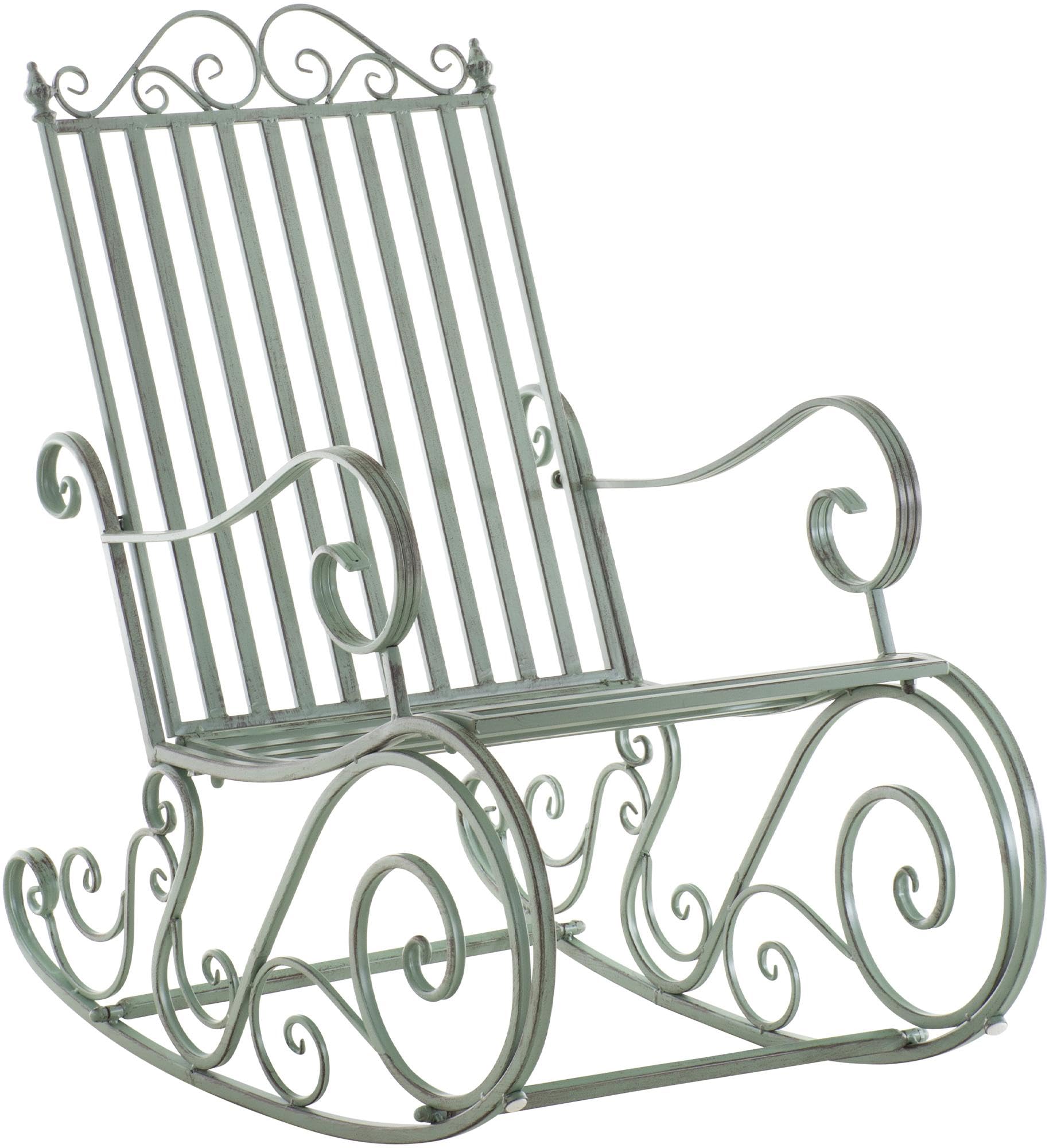 CLP Schaukelstuhl Relaxstuhl Smilla, wetterfest für Garten, Metallgestell, ergonomisch, Landhausstil, Outdoor Sessel, Farbe:antik-grün