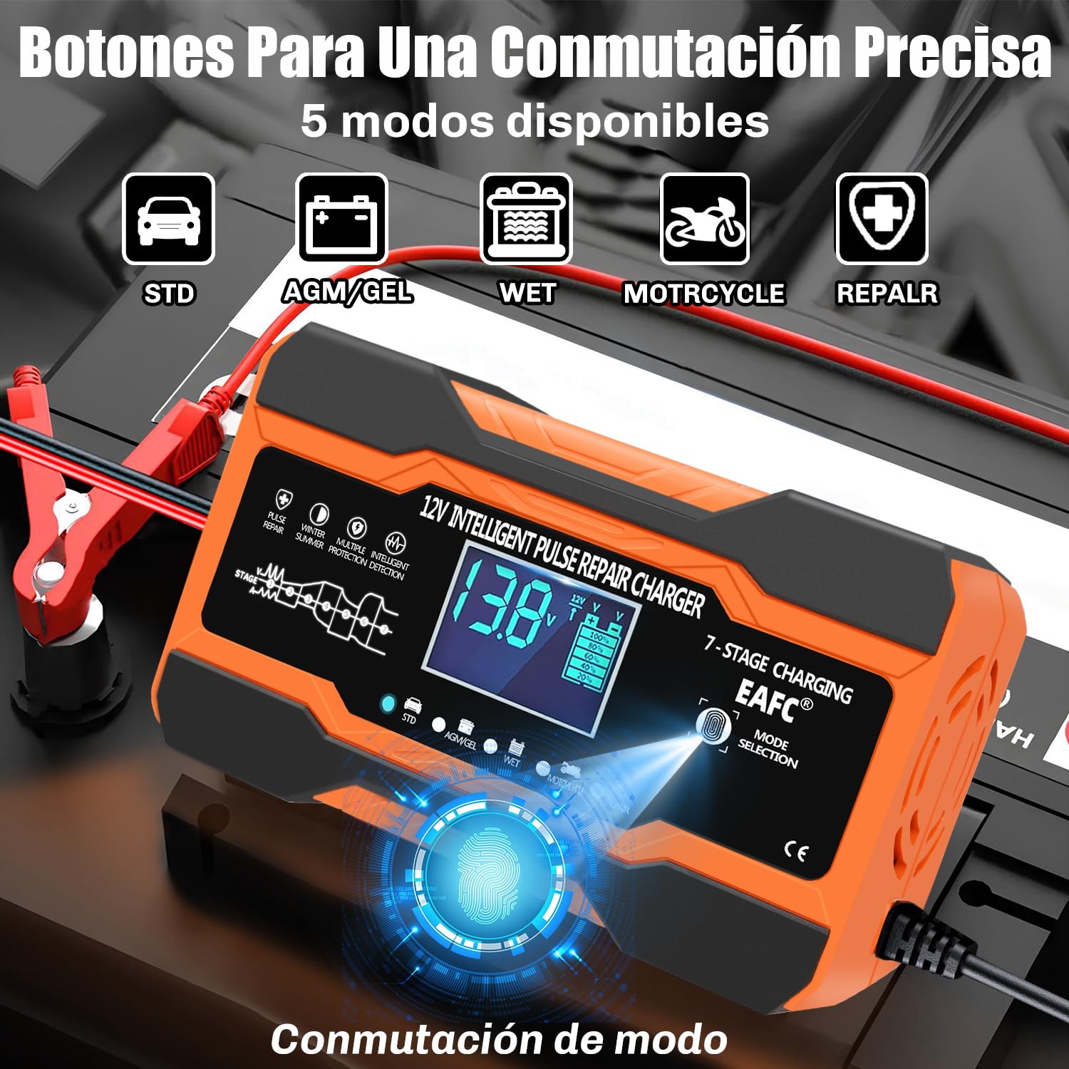 12A Cargador Baterias Coche Inteligente 12V, Mantenedor Bateria Moto para Baterías de Plomo-ácido, STD, AGM, Gel, SLA, Cable de 2m, Control Táctil, Compensación de Temperatura