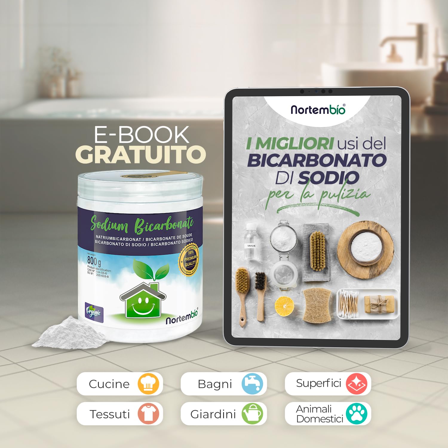 Nortembio Bicarbonato di Sodio 5 Kg 100% Naturale per Pulizia Multiuso. Senza Alluminio. Elimina Odori e Sporco. Cucina, Bagno, Tessuti. E-Book Incluso