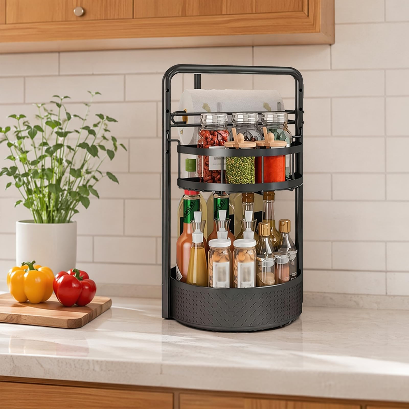 2 Tier 360 Degree Rotating Spice Rack with Paper Towel Holder Spinning