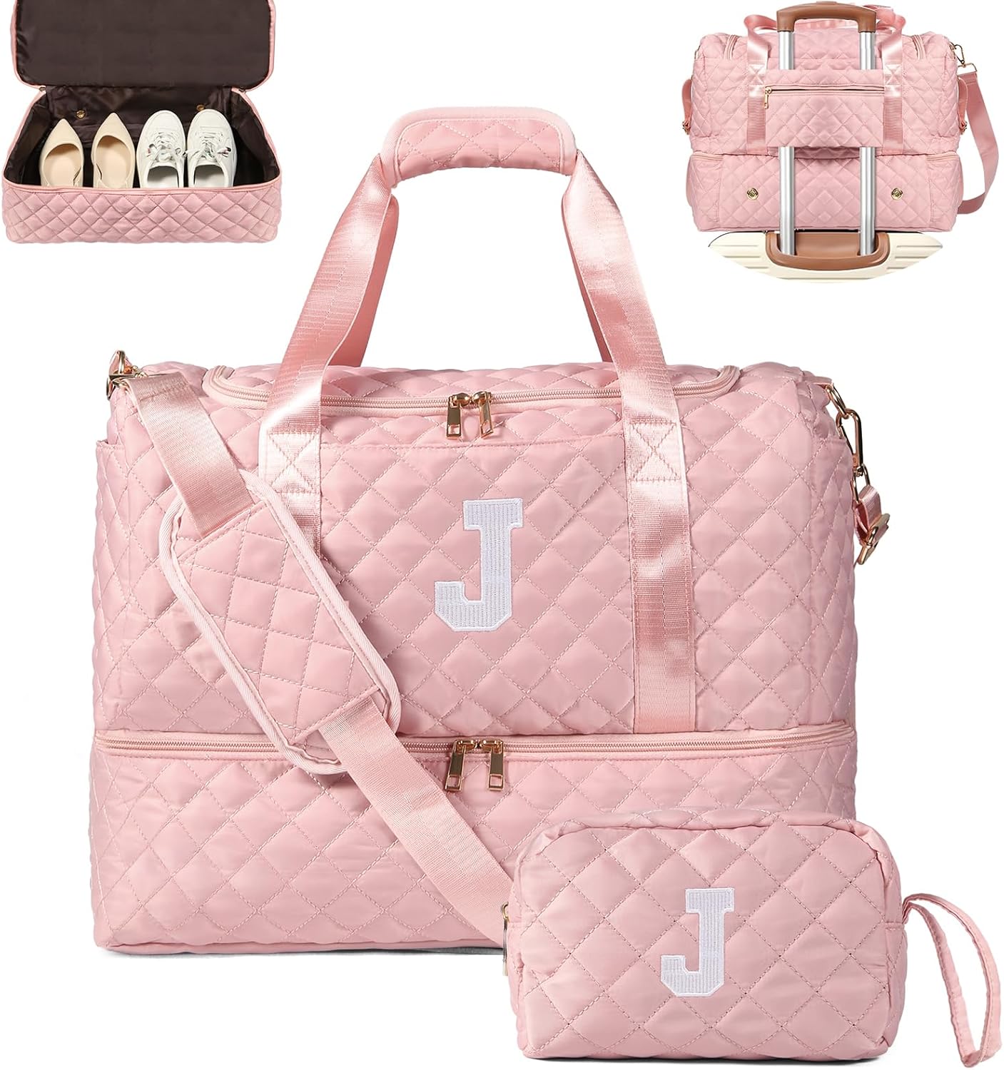 Personalized Initial Travel Bag, Quilted Duffle Bag, Weekender Bag for Women with Cosmetic Bag, Gym Bag with Shoe Compartment, Carry on Overnight Bag, Hospital Bag for Labor Delivery (Pink, J)