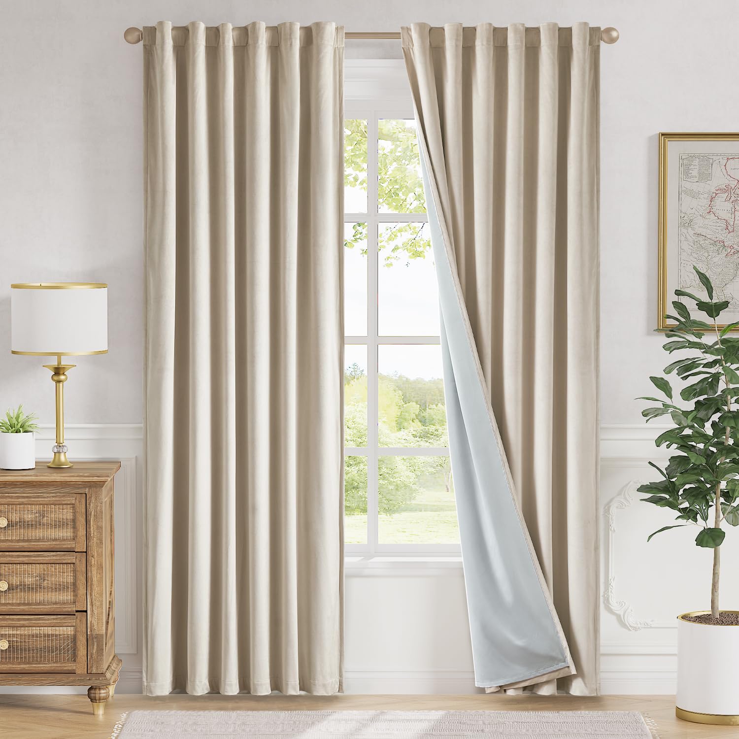 Lazzzy Beige Velvet Blackout Curtains 90 Inches Long Thermal Insulated Room Darkening Lined Curtain Drapes Luxury Back Tab Window Treatments for Bedroom Living Room 2 Panels, 52 x 90 Inch, Cream โ image 1