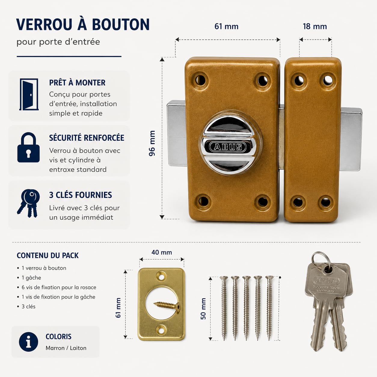 Abus CLK CB 45 B C Verrou classik à Cylindre et Bouton 45 mm Bronze
