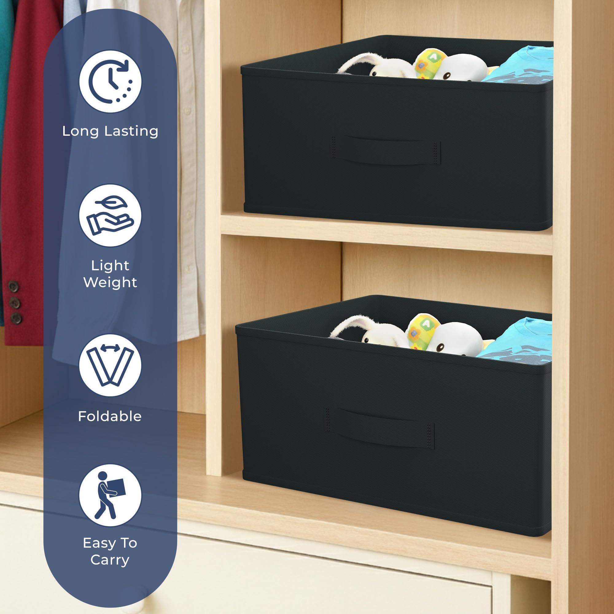 Kuber Industries Organizzatore per armadio in tessuto non tessuto, 26 litri, organizer per cassetti, organizer multiuso per vestiti, libri e giocattoli, 6 pezzi, nero