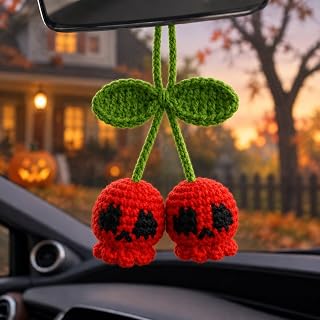 Timtin Halloween Crochet Car Mirror Hanger Cute Skull Cherry Car Ornament | Spoky Halloween Car Mirror Accessories, Handmade Crochet Skull Cherry Charm, Cute Pendant Gift for Girls Women