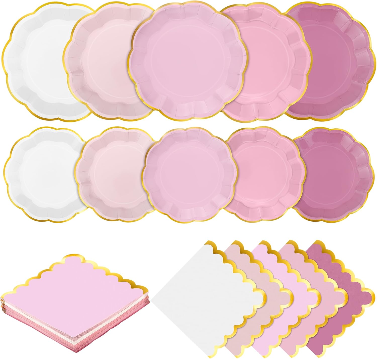Kochorie 100 Pcs Sage Green Paper Plates and Napkins Gold Foil Scalloped Paper Plates & Napkins Disposable Tableware Set for Birthday Wedding Baby Shower Party Decorations