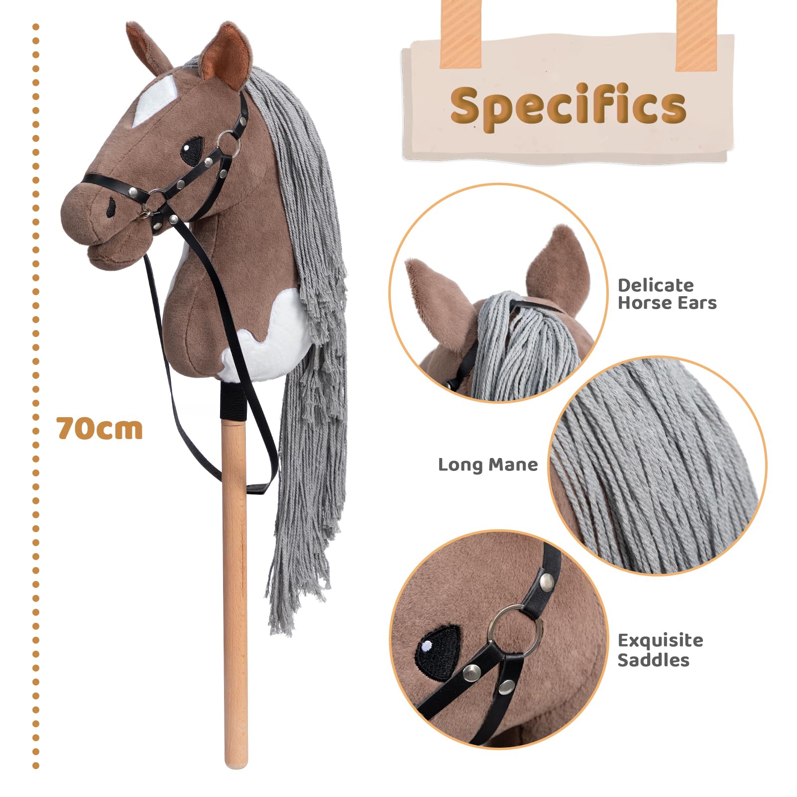 BEJOY Caballo de juguete para niños con cabestro y trenza, color marrón y blanco