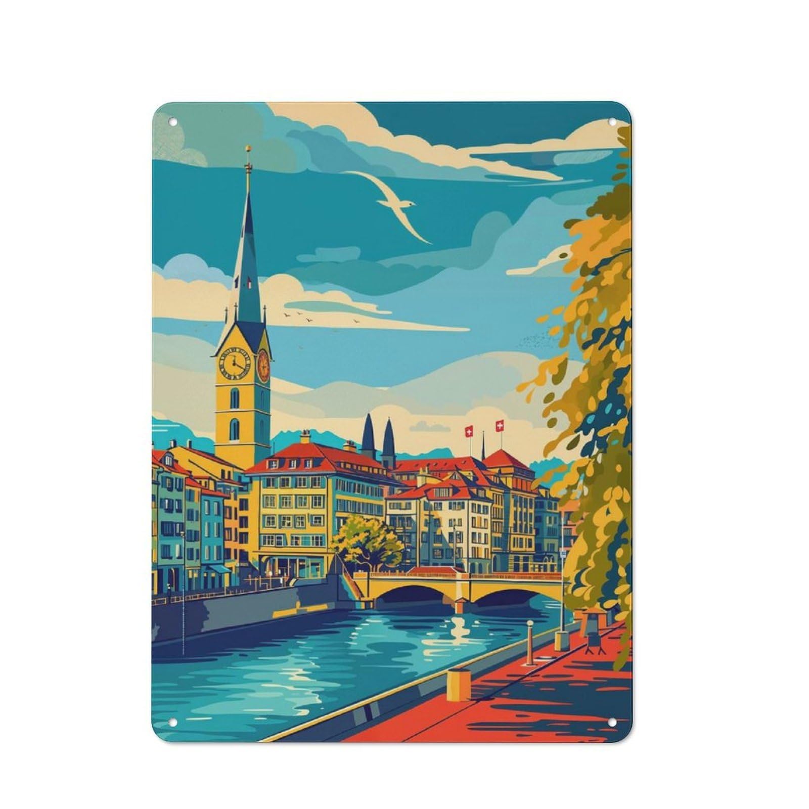 Junmoney Zurich Cityscape Friendly Metal Wall Decor 40X30cm, Decorative Metal Plaque For Tea Room, Shop Wall Or Breakfast Area