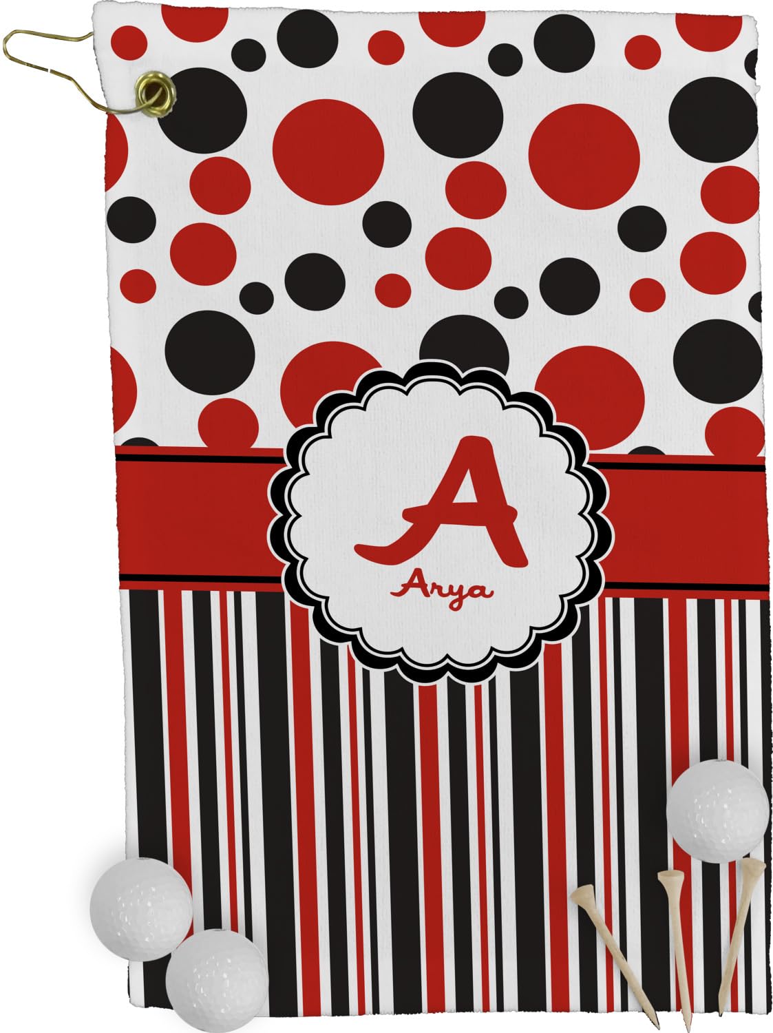 RNK Shops Personalized Red & Black Dots & Stripes Golf Towel - Poly-Cotton Blend - Small w/Name and Initial