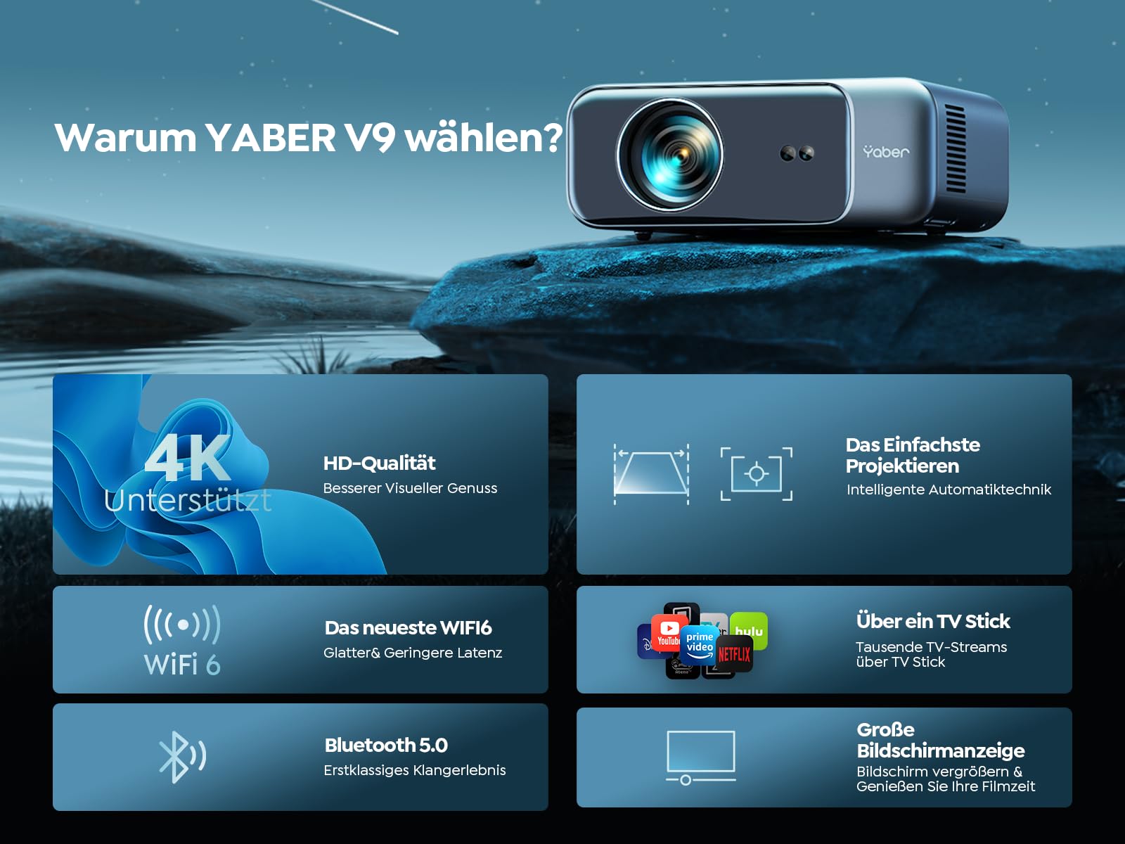 Projektor [autofokus/korekcja trapezu] projektor kina domowego, 1080p Full HD, obsługuje wideo 4K z Bluetooth WiFi6, YABER 32 000 lumenów, przenośny projektor zewnętrzny 300", do smartfonów/TV Stick