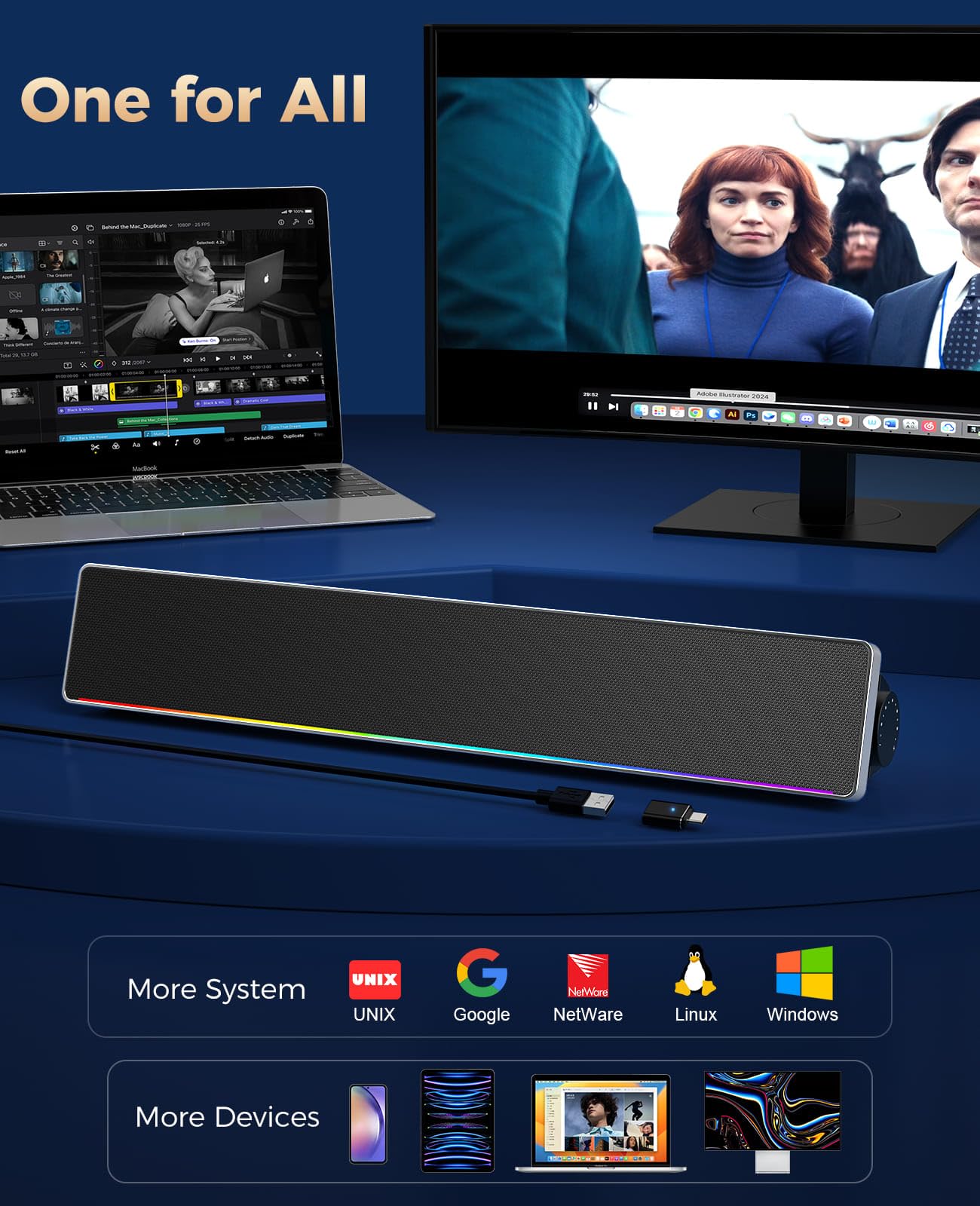 Kunodi Altoparlanti per computer desktop, altoparlanti stereo HiFi per PC, con manopola del volume, luci colorate, Plug & Play, cablati USB/USB-C, per desktop, computer, laptop