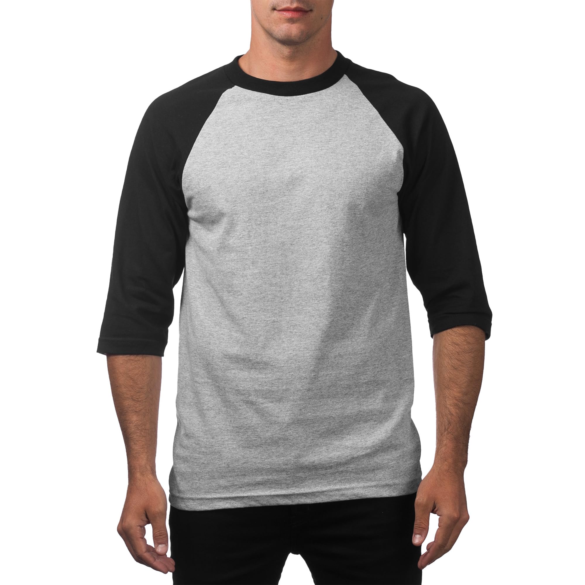 Pro Club Men's 3/4 Sleeve Crew Neck Baseball T-Shirt, Heather Gray/Black, 2X-Large