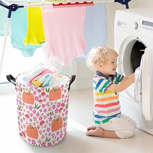 Miniatura 6 de Cute Pink Pumpkin Flowers Laundry Basket with Drawstring Colorful Waterproof Collapsible Dirty Clothes Hamper Storage Baskets for Bathroom Dorm Toy