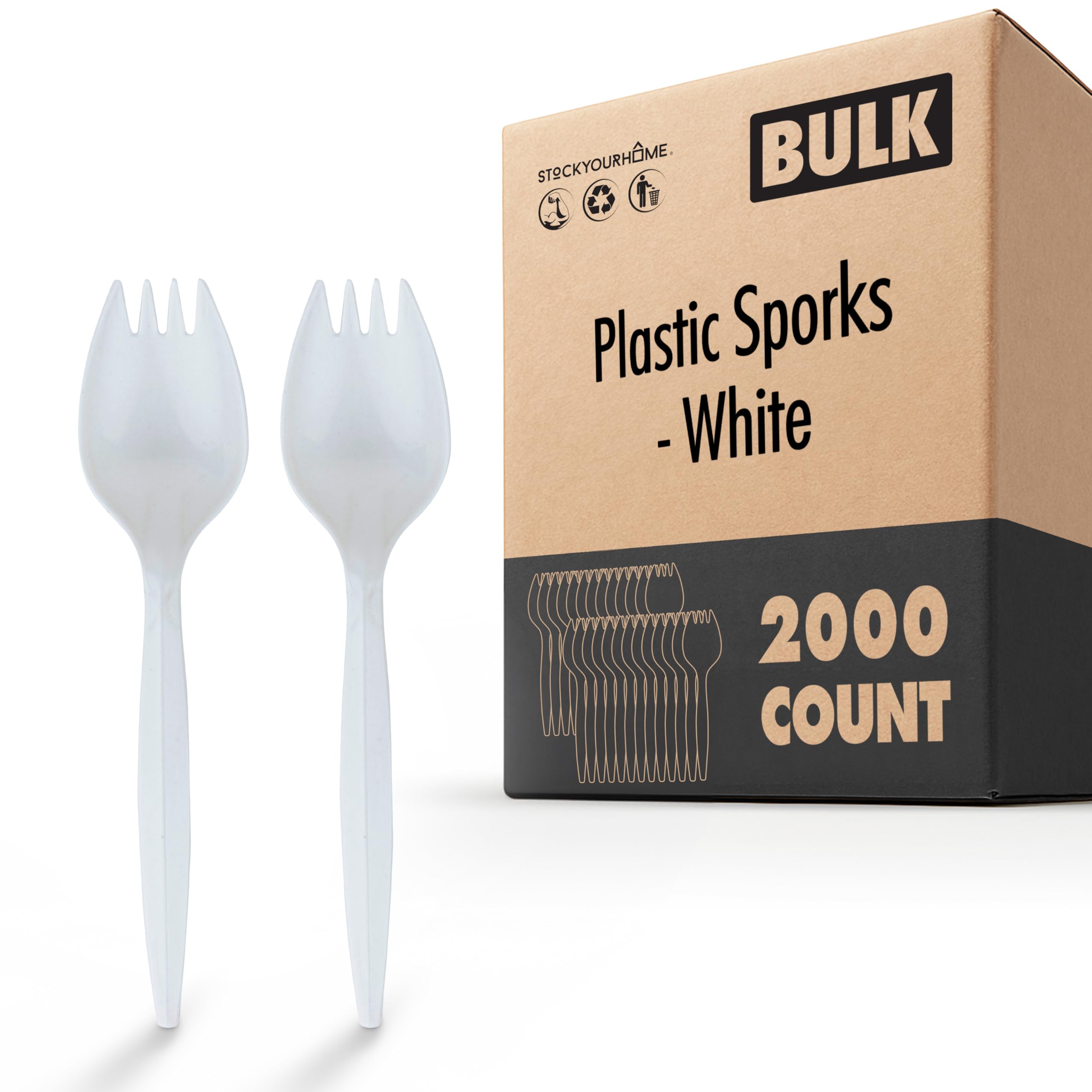 Disposable Sporks 2000 Pack White BPA Free Heavy Weight 2 in 1 Fork Spoon Utensils for School Lunch Picnics Catering or Parties Stock Your Home