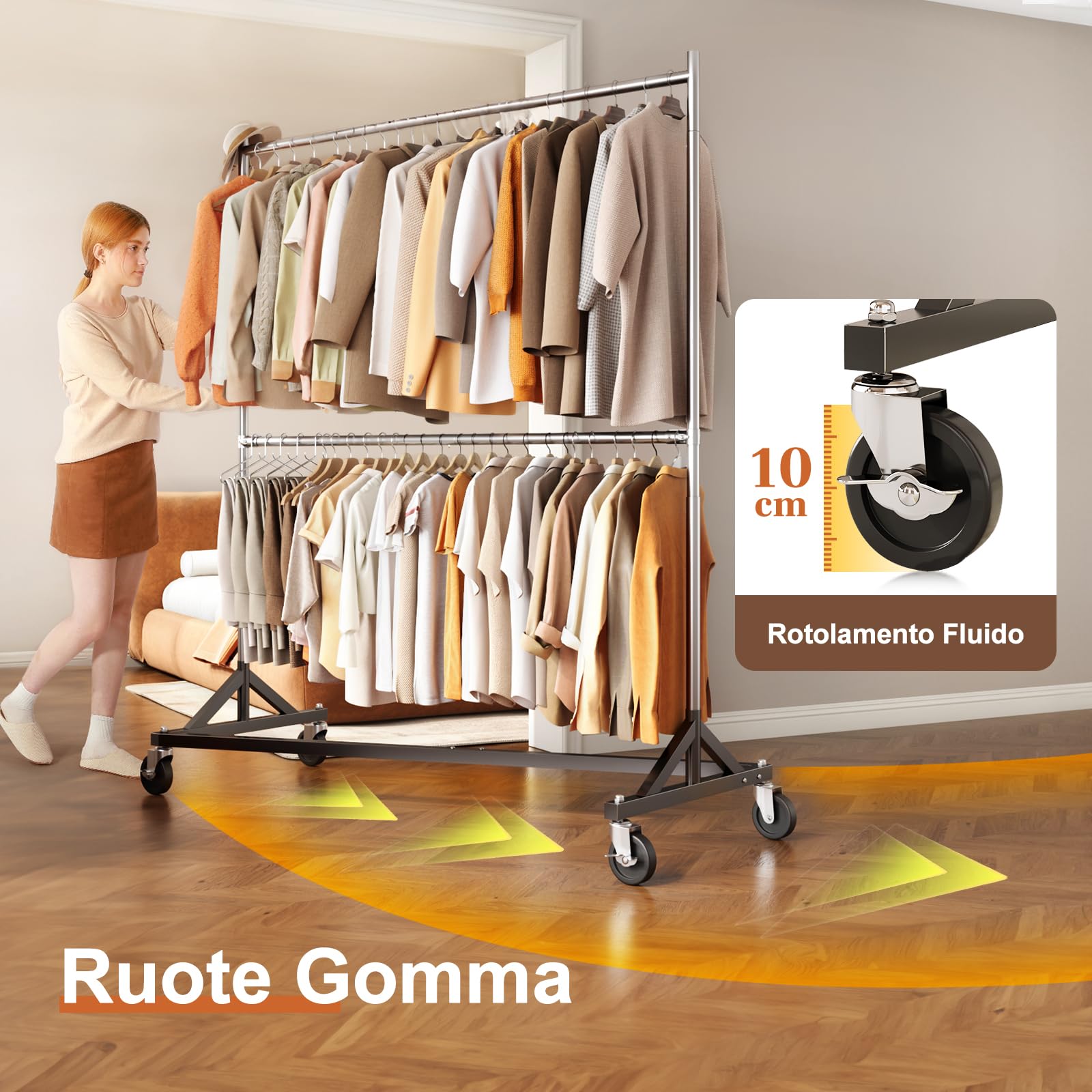 HOKEEPER Appendiabiti da Terra Commerciale Resistente a Doppia Barra, Base a Z con Ruote, 250kg, Altezza Regolabile per Negozi, Boutique, Camera da Letto, Argento