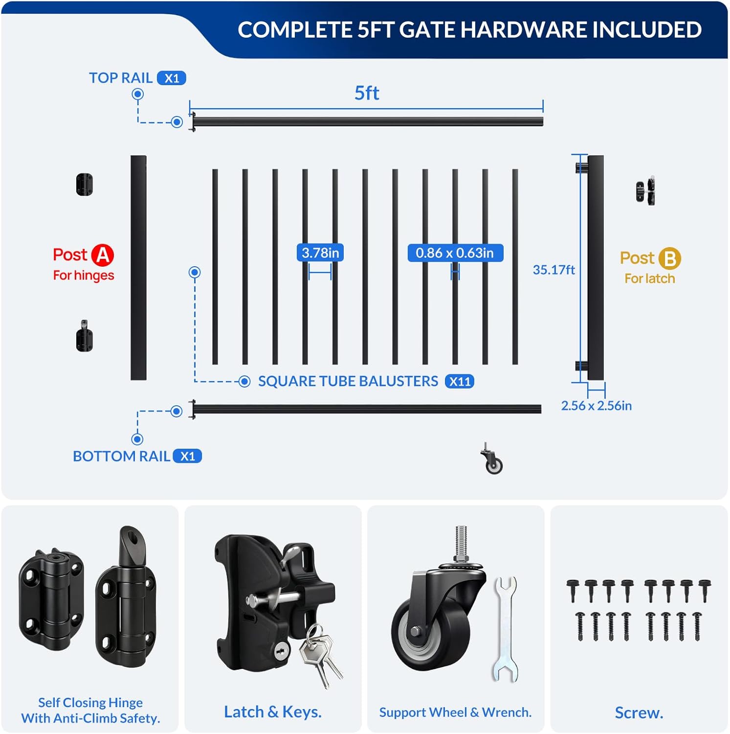 Egadis 35in. H x 5ft. W Aluminum Deck Gate Kit with Caster, Hinges & Lock — Cuttable AAMA2604 Black Textured Powder-Coated Outdoor Fence Gate for Decks, Patios, Backyards, Porches