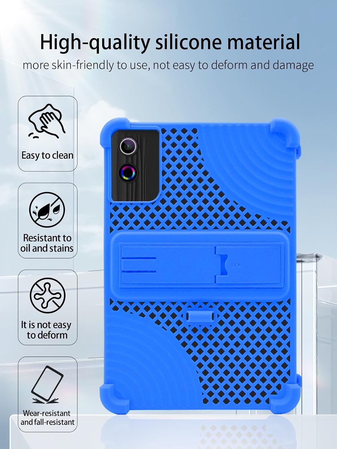 Case for UGRIHACH A7 Android 14 11 inch Tablet,Soft Silicone Adjustable Stand Cover Lightweight Kids Friendly,Hollow Design Facilitates Heat Dissipation,with Capacitive Pen，Sky Blue. image 5