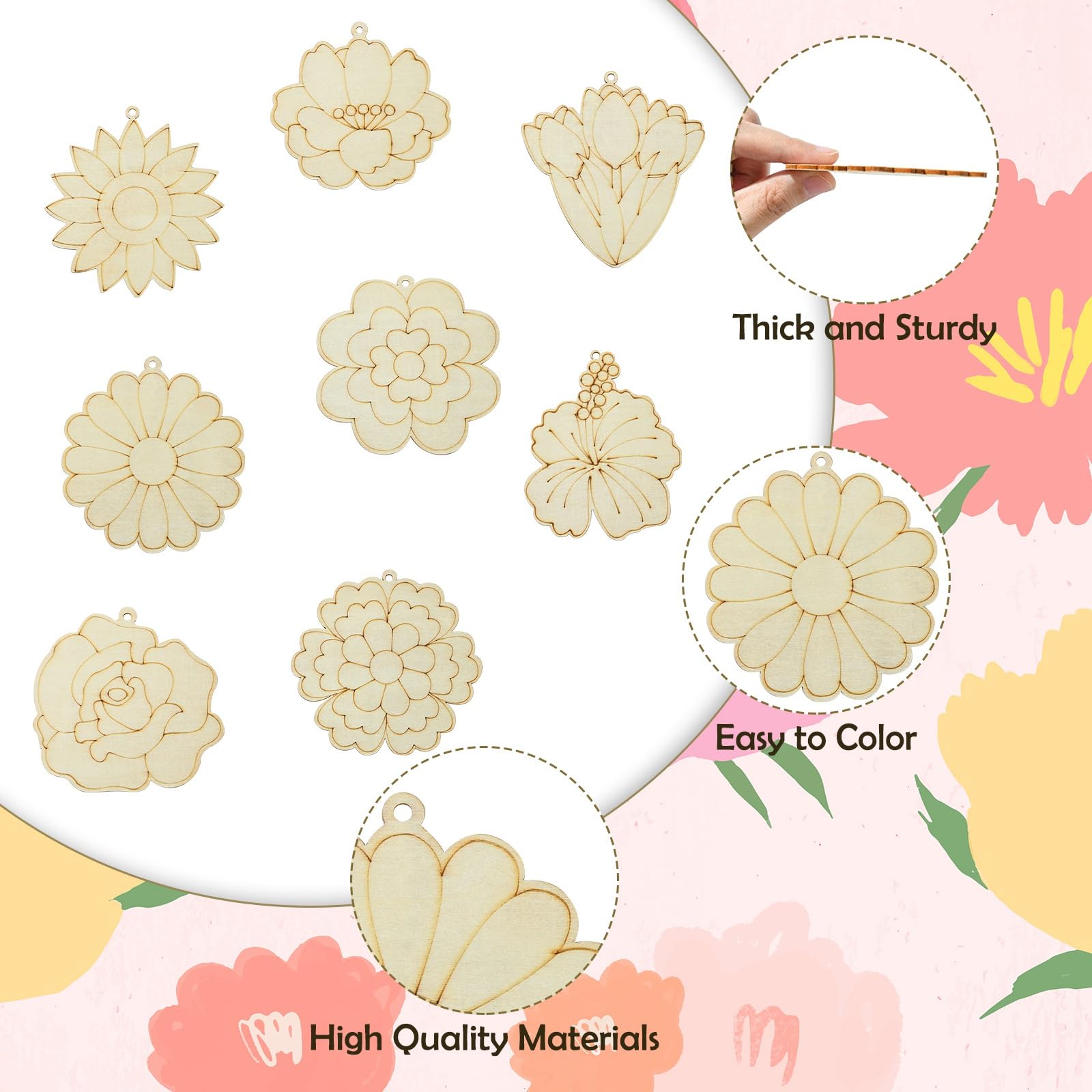 UR URLIFEHALL 32 Pcs Wooden Flower Cutouts Unfinished Wooden Floral Embellishments for Crafts DIY Projects Door Hangers Signs Home Party Decor - Image 3