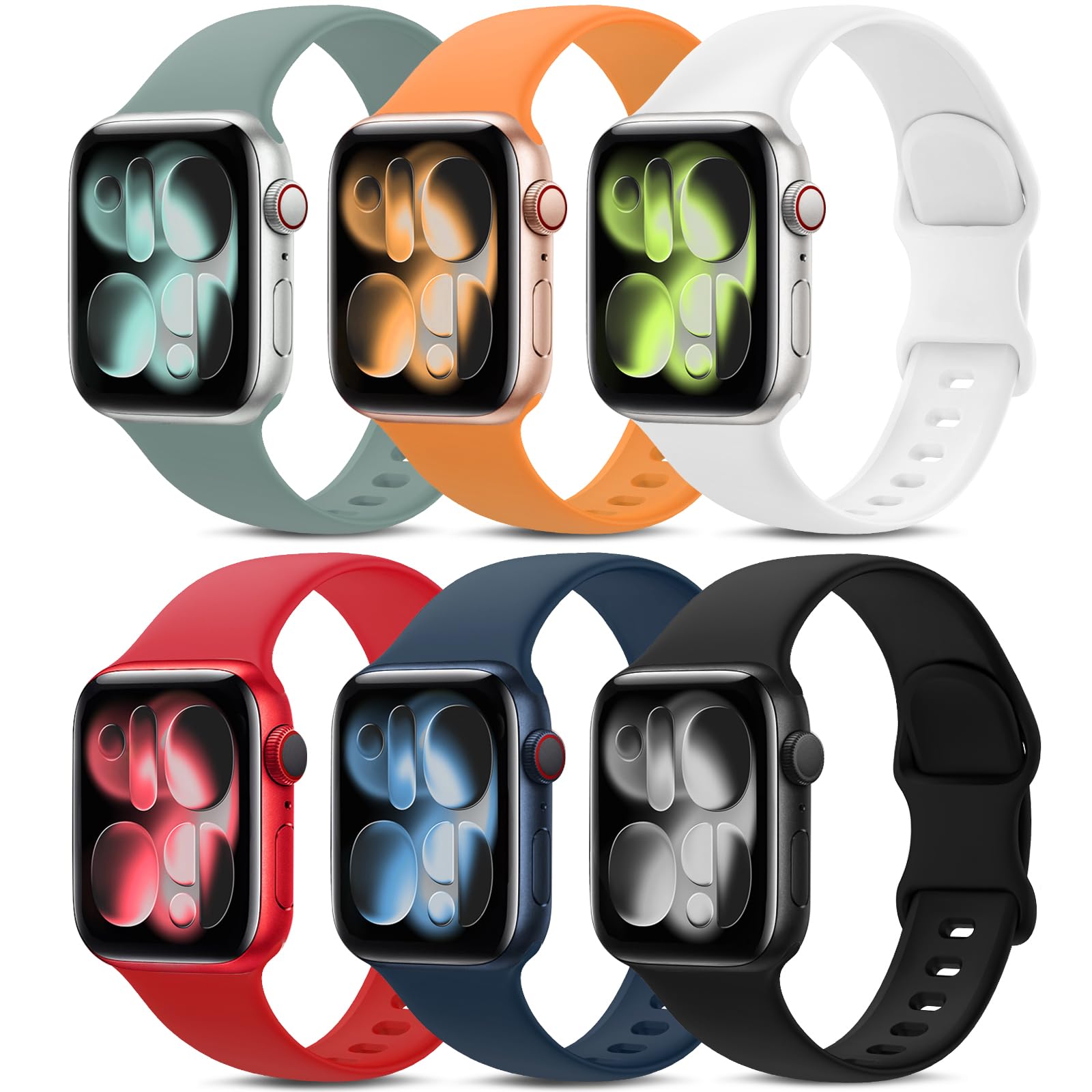 6 Pack Sport Bands Compatible with Apple Watch Band 38mm 40mm 41mm 42mm 44mm 45mm,Soft Silicone Waterproof Strap Wristbands Compatible with iWatch Apple Watch Series 7 6 5 4 3 2 1 SE Women Men