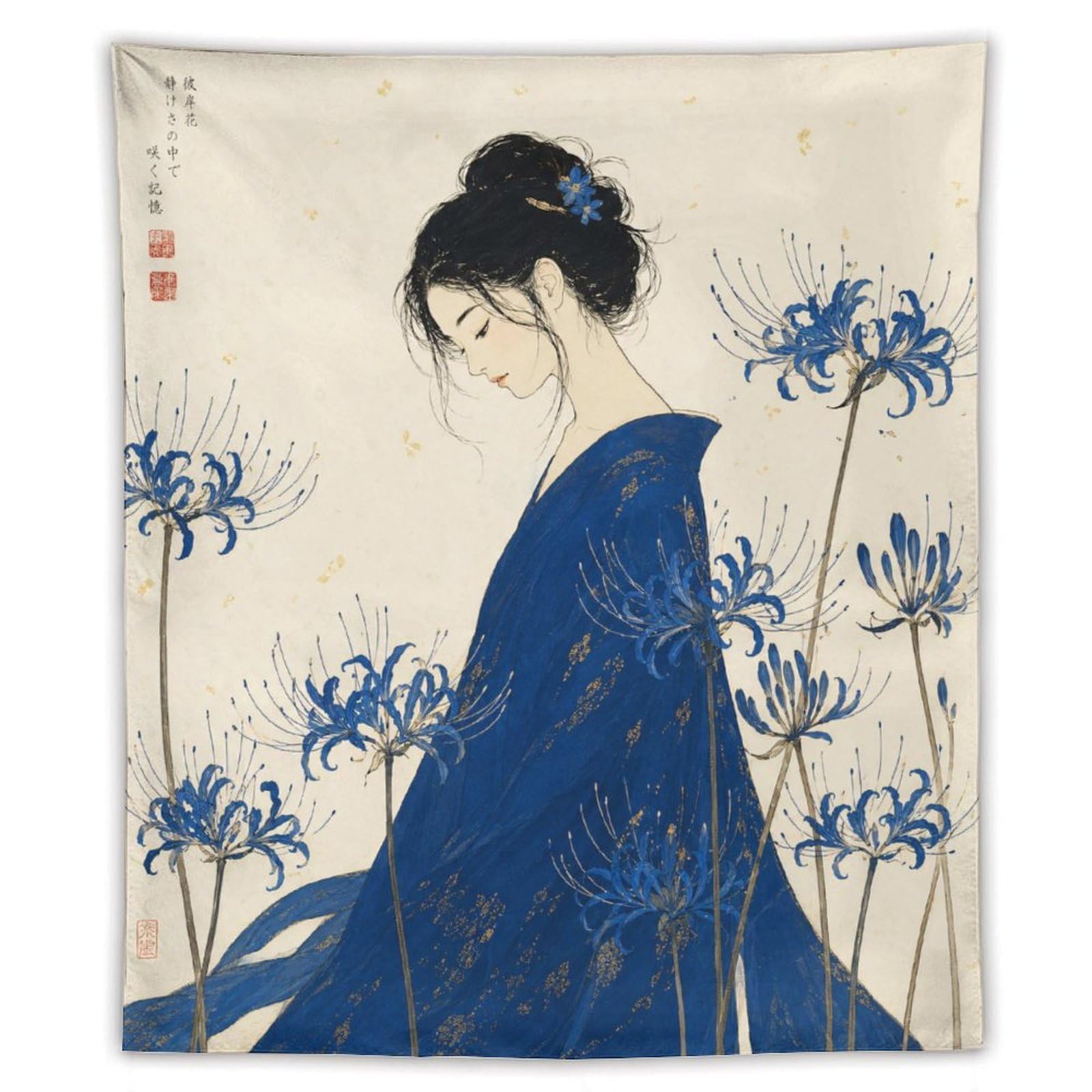 W7C8U2X3 Blue Kimono Woman Wall Tapestry, Ukiyo-e, Chrysanthemum Ink