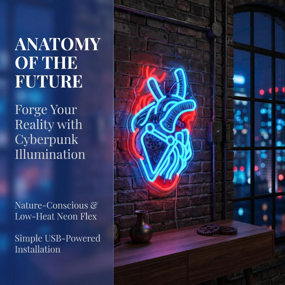Cyberpunk - Insegna al neon a LED a forma di cuore meccanico, dimmerabile per sala giochi, insegna a LED per camera da letto, camera da letto, stanza dei ragazzi, 25 x 40,79 cm