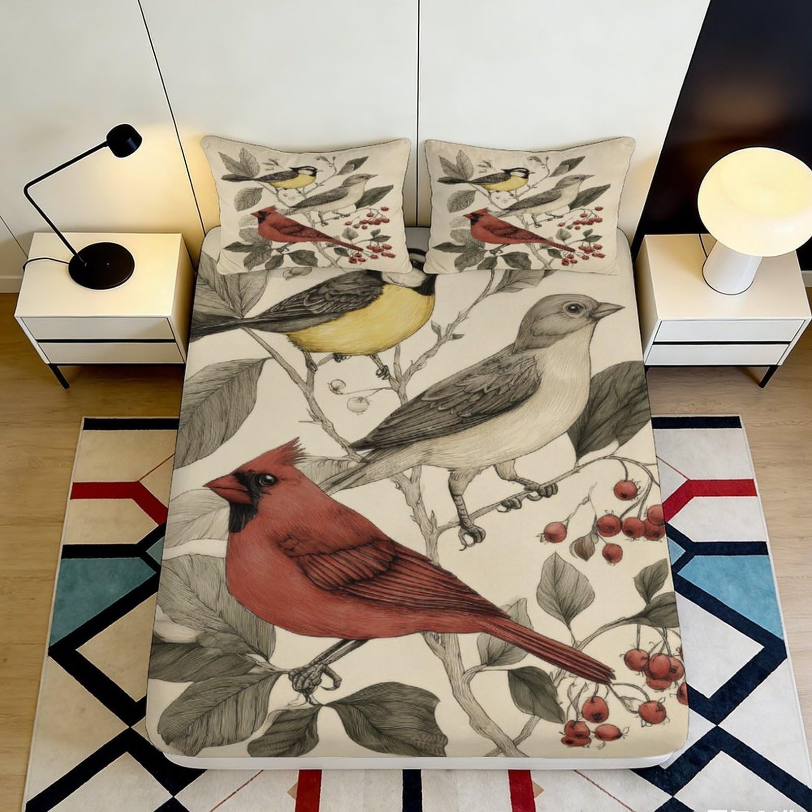 3D Printed Vintage Bird Fitted Sheet Microfiber Soft Mattress Cover Branch Berry Pattern for Bedroom Guest Room Decor 120x200cm 120x200x25cm