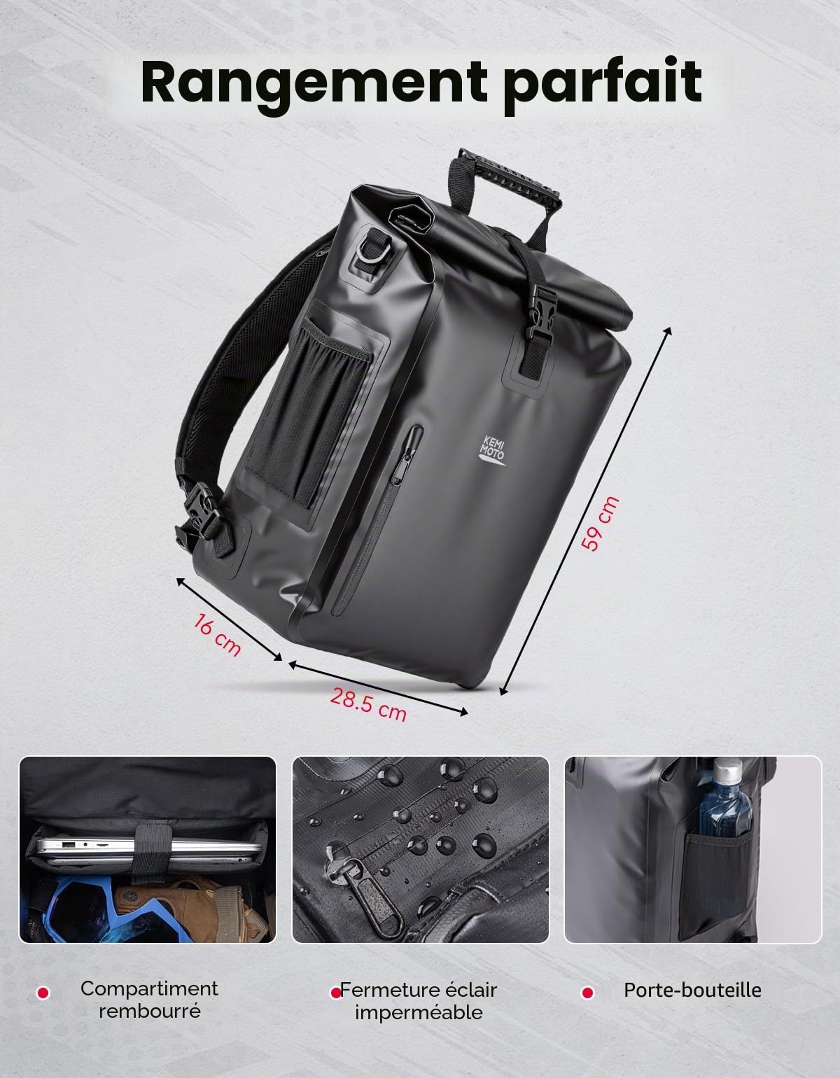 KEMIMOTO Sacoche de Vélo Étanche 27 L, Sacoche Velo Porte Bagage Arriere avec Compartiment pour Ordinateur Portable, Sac 3 en 1 Convertible en Sac à Dos et Sac Bandoulière avec Poignée et Bandoulière