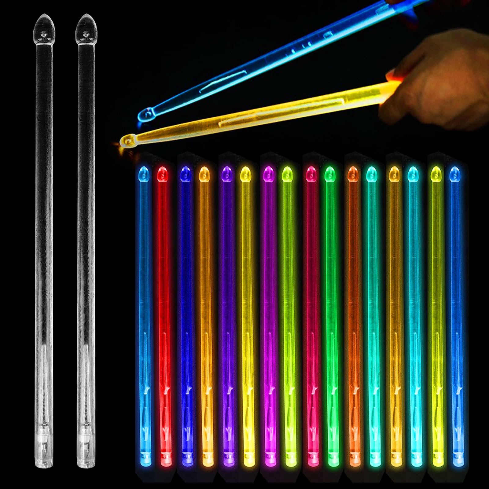 Bacchette per batteria 5A LED luminose ricaricabili, bacchette per batteria con luci fantastiche in materiale polimerico PC per set di batteria, perfette per percussioni e strumenti musicali, 15