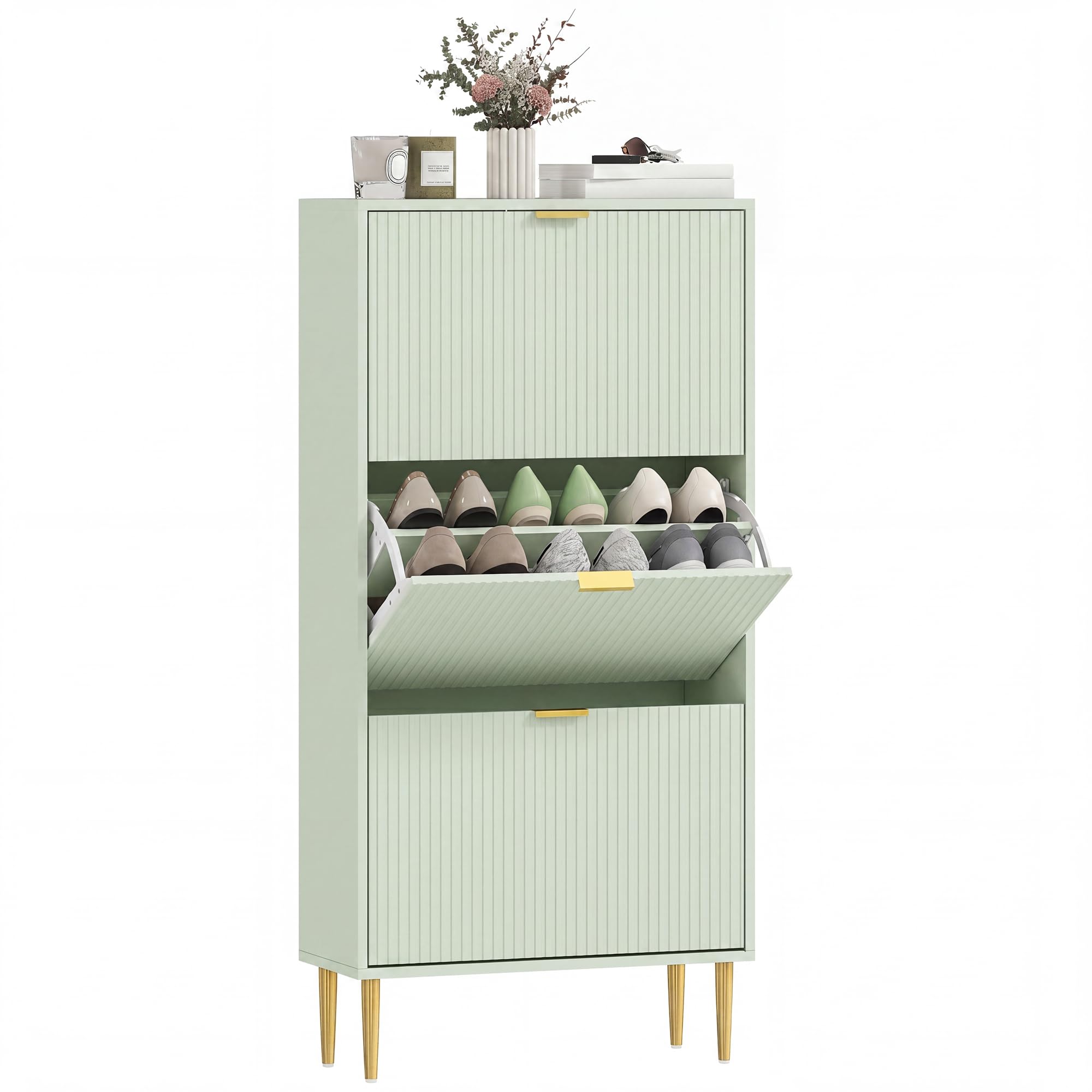 HOMCOM Narrow Shoe Cabinet with 3 Flip Drawers, Modern Slim Shoe Storage Cabinet with Fluted Doors and Adjustable Shelves for Hallway, Holds 9-18 Pairs, Light Green